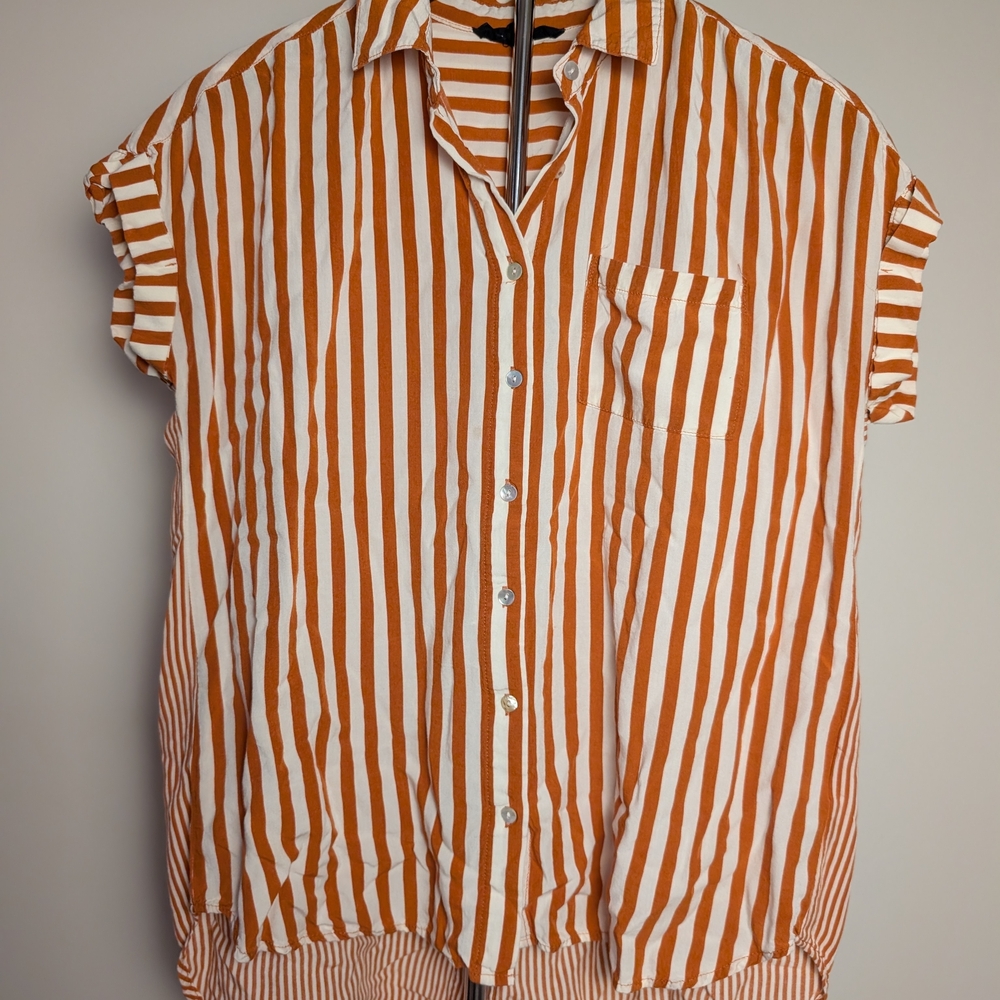 Jane + Delancey Orange and White Striped Shirt Short Sleeves Button Up Size M